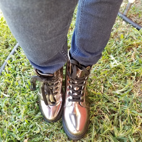 Combat Metallic Lace Up Boots - - Picture 4 of 5